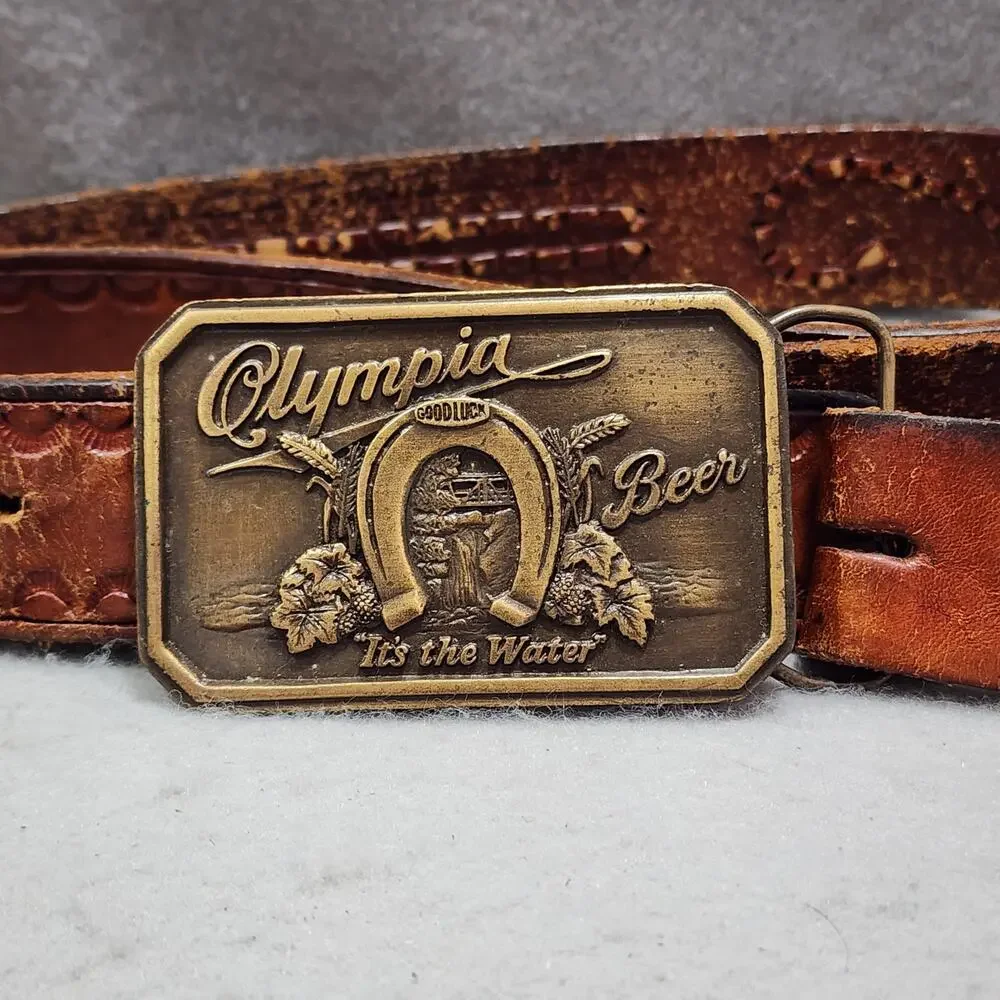 Olympia Beer It's The Water Belt Buckle Olympia Horseshoe Waterfall Vintage 1970